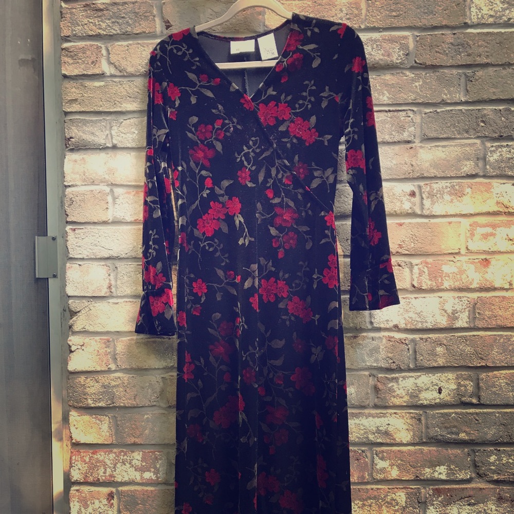 Floral Velveteen stretch mid-calf length dress